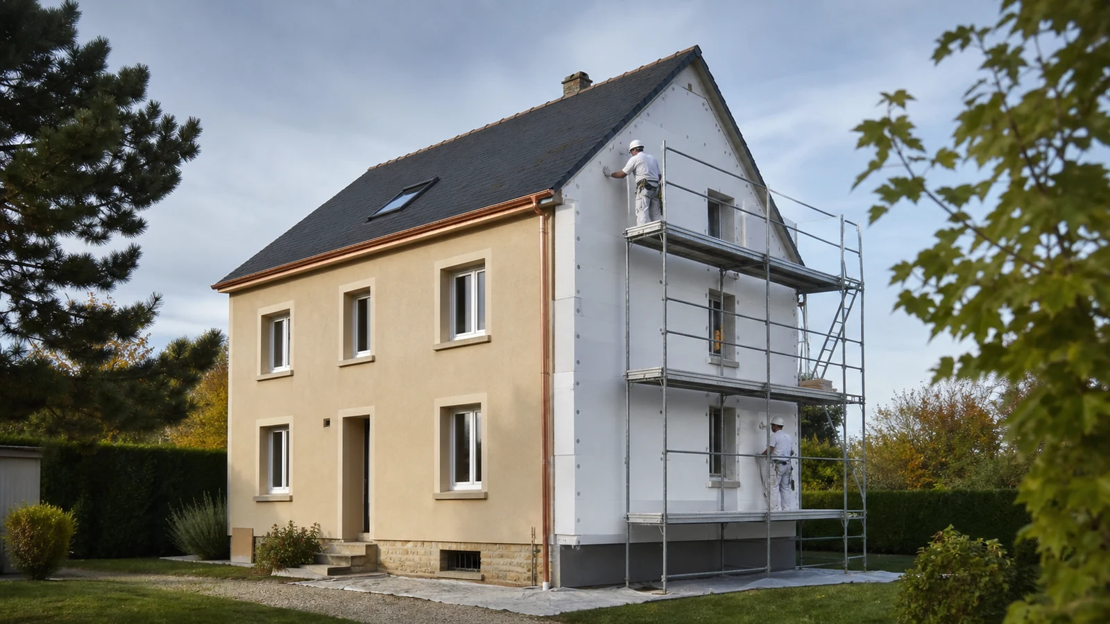 Chantier d’isolation thermique par l’extérieur sur une maison en Moselle Maison mosellane en cours d’isolation thermique par l’extérieur avec façade partiellement rénovée