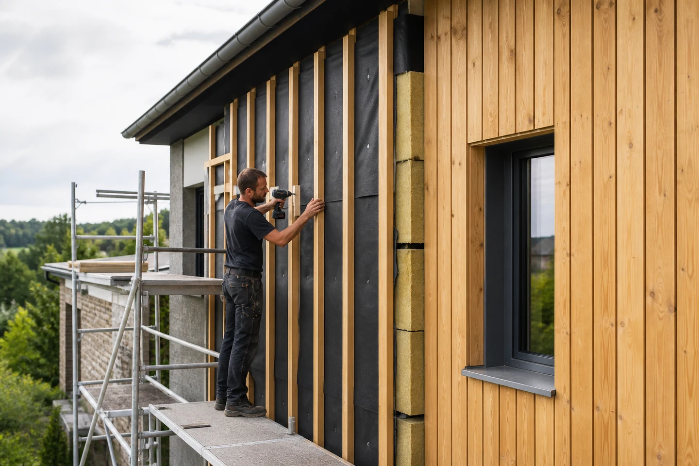 Ossature d’une isolation thermique par l’extérieur sous bardage ventilé Pose d’une ossature ventilée et d’un bardage bois devant l’isolant extérieur