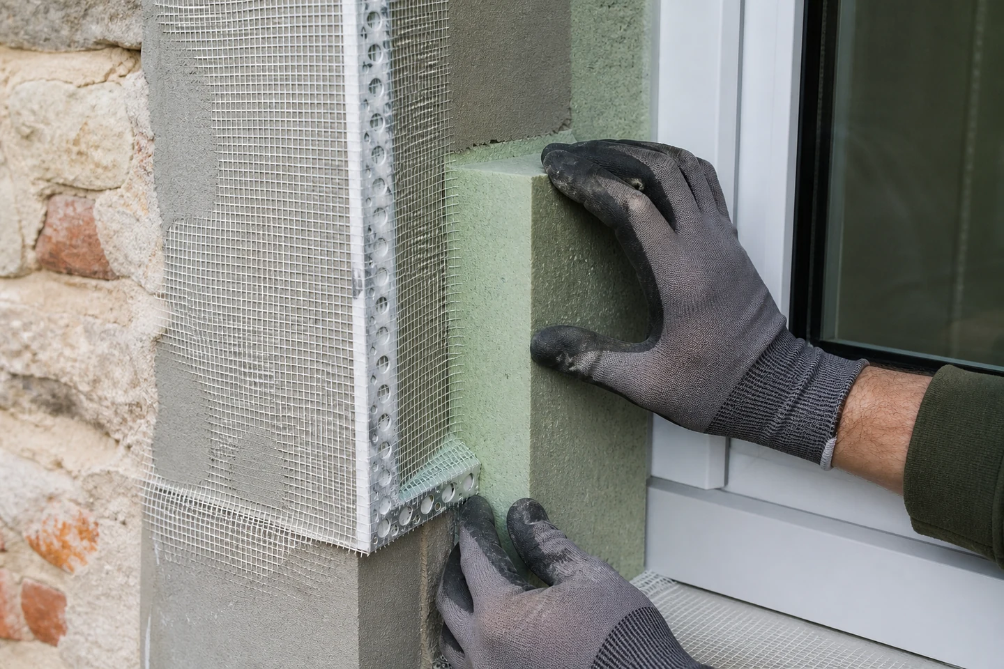 Continuité de l’isolation thermique par l’extérieur autour d’une fenêtre Traitement isolant d’un tableau de fenêtre avec treillis et profil d’angle