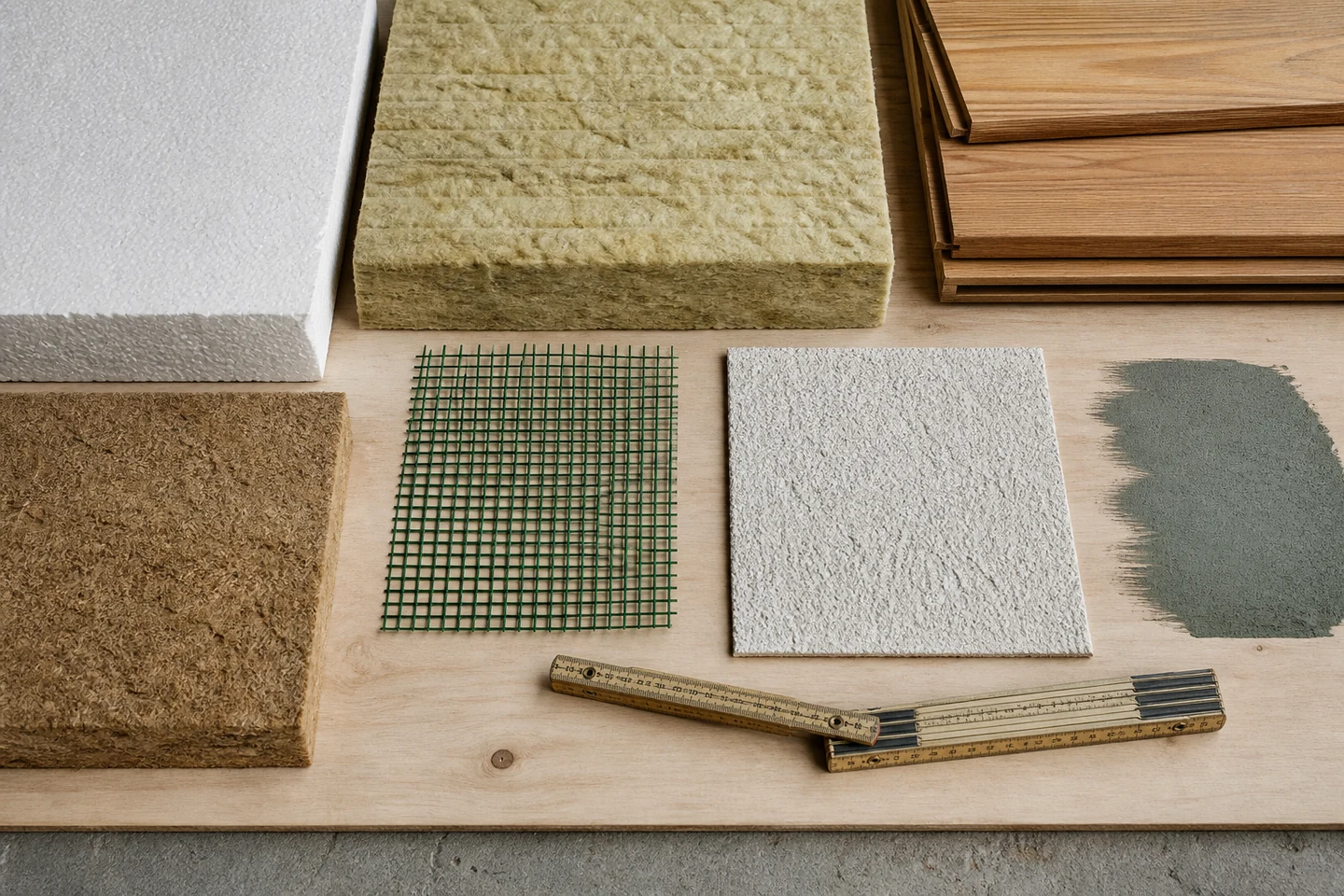 Matériaux comparés pour une isolation de façade Échantillons de PSE, laine minérale, fibre de bois, treillis, enduit et bardage