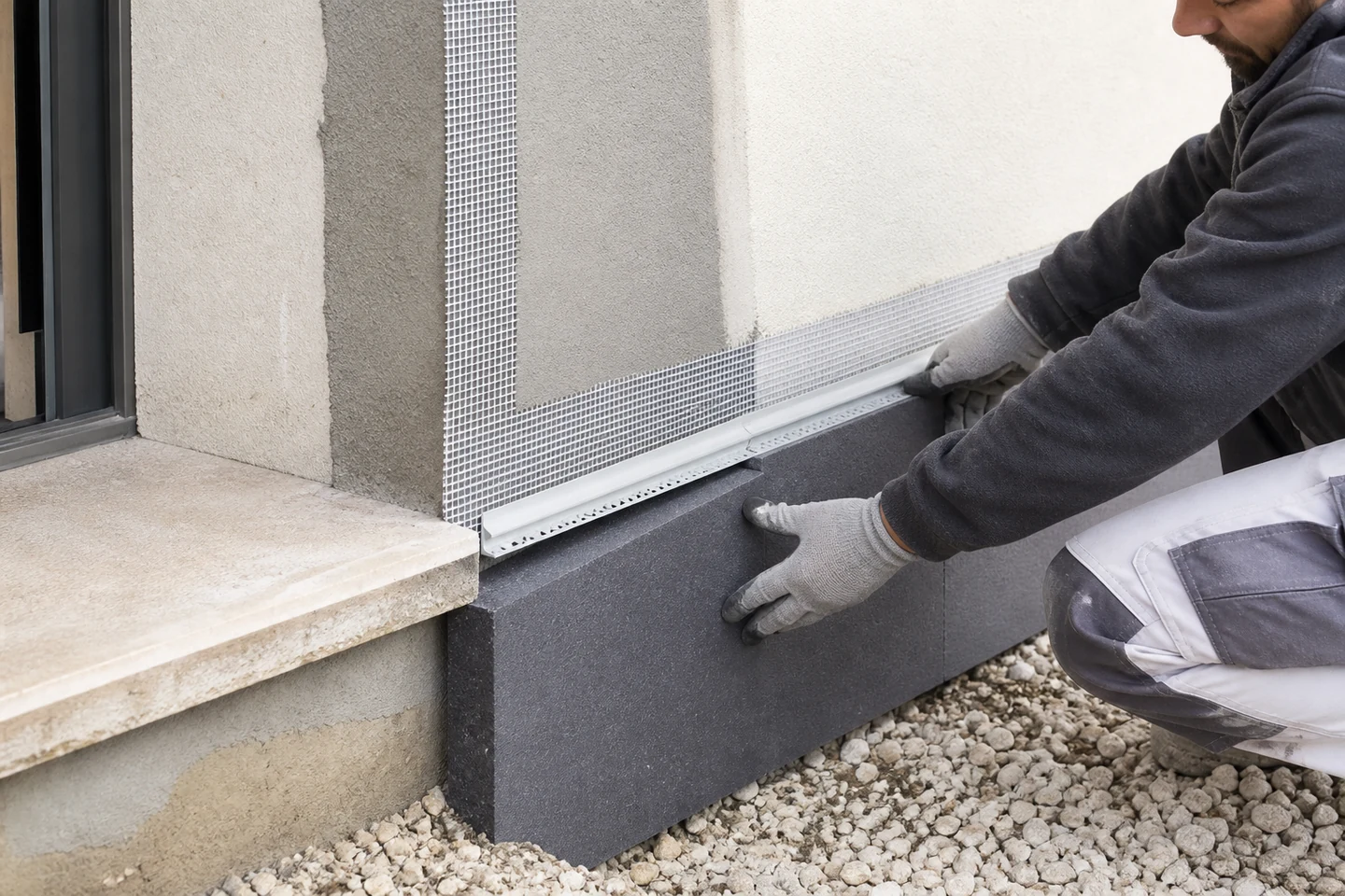 Détail de soubassement d’une isolation thermique par l’extérieur Pose d’une isolation résistante en soubassement avec profil de départ
