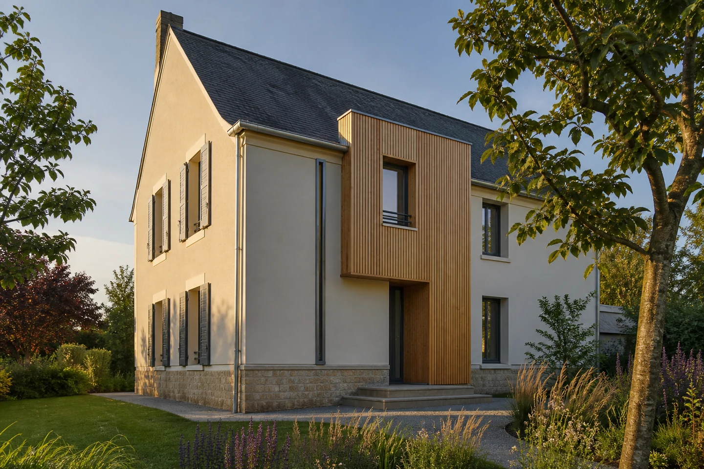 Résultat architectural d’une isolation par l’extérieur Maison rénovée associant enduit clair et accent de bardage bois