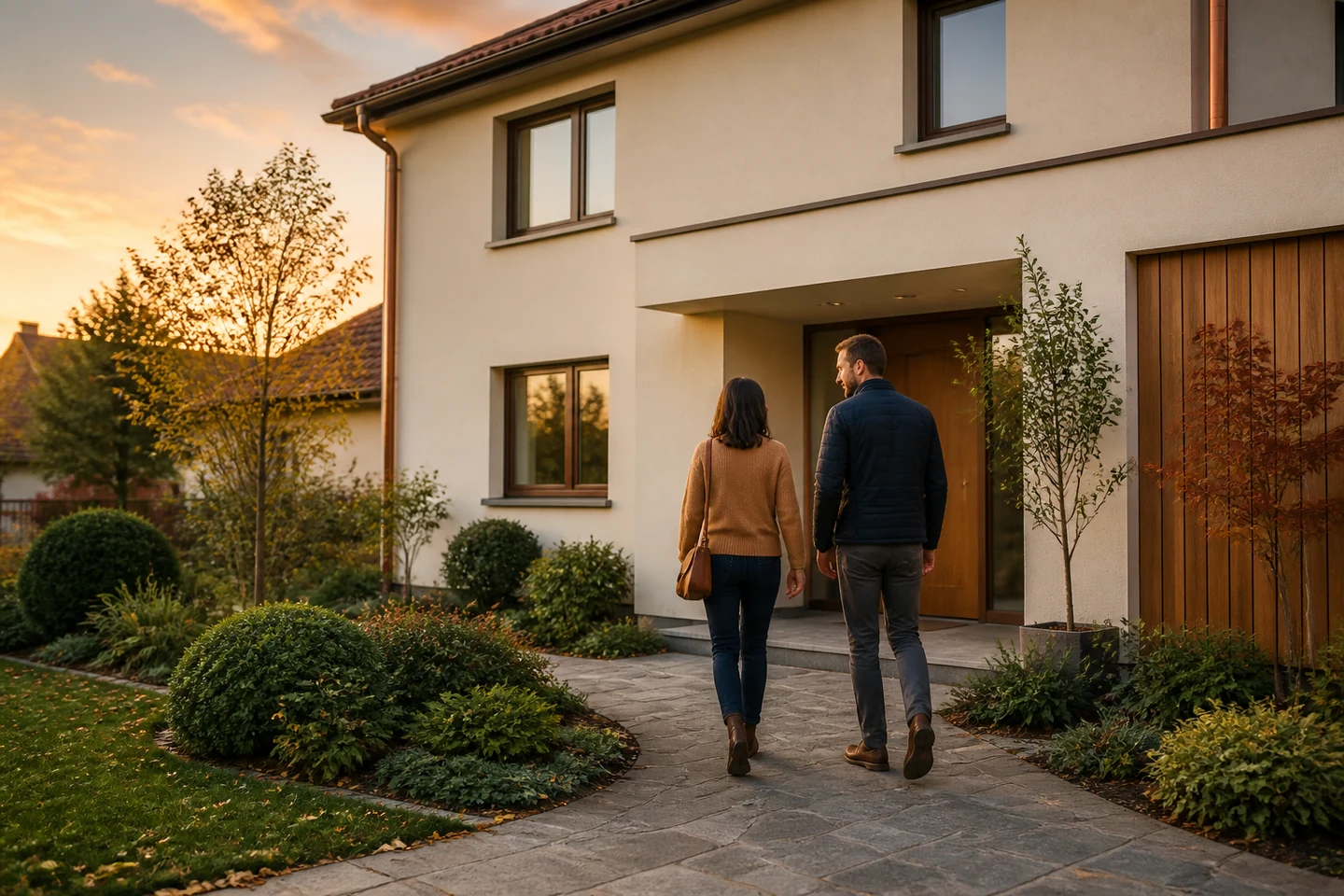 Maison rénovée et confort retrouvé après une isolation thermique par l’extérieur Couple rejoignant une maison confortable dont la façade vient d’être isolée